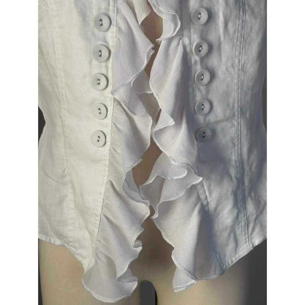 White Linen Band Jacket Women M Ruffle Bell Sleeve Gothic Romantic Victorian